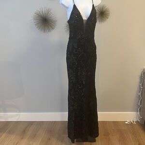 Betsy & Adam Elegant Black Sequin Gown​